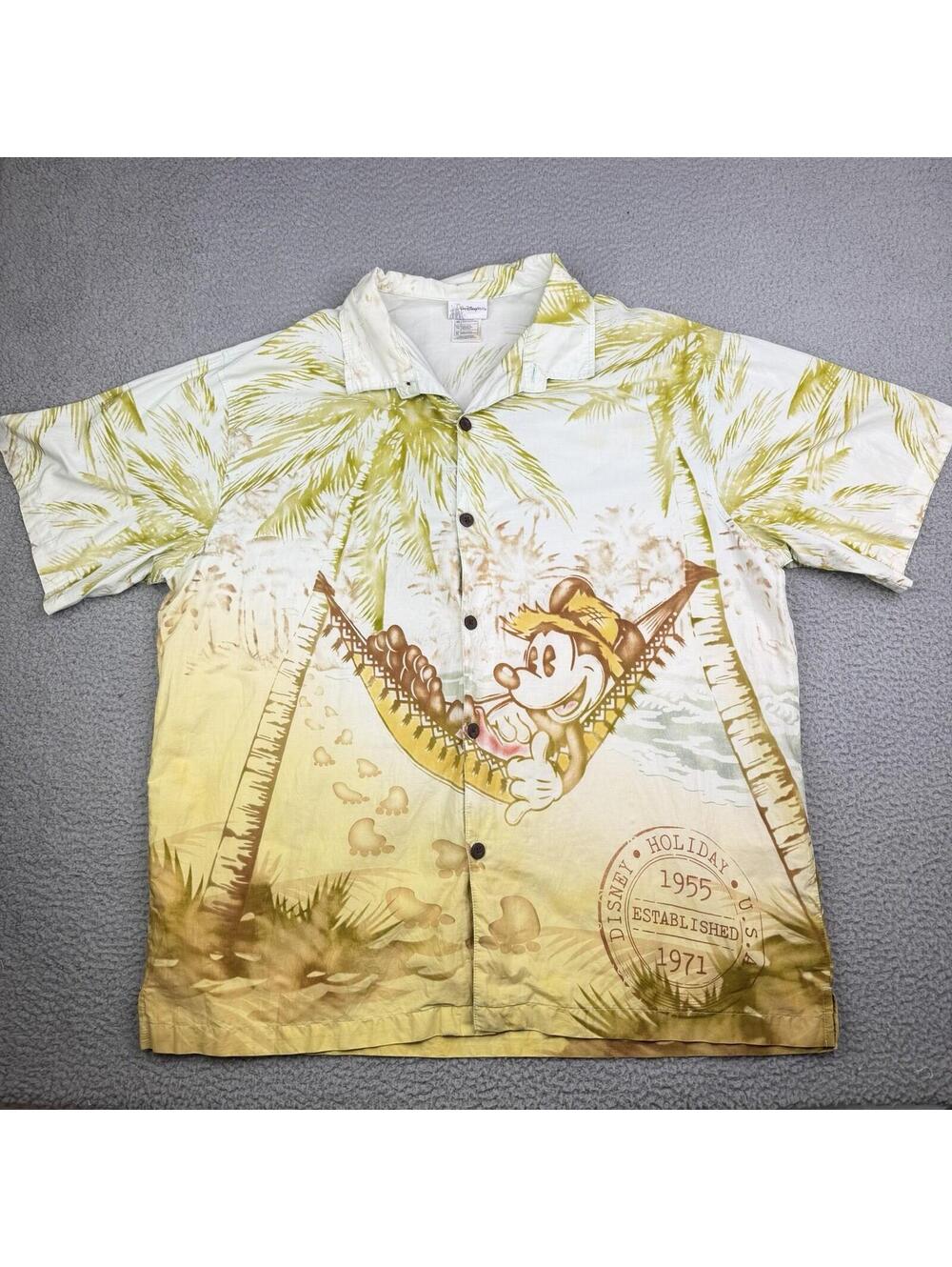 Disney Hawaiian Holiday Aloha Mickey Mouse Shirt Adult XL Beach Hammock Cotton